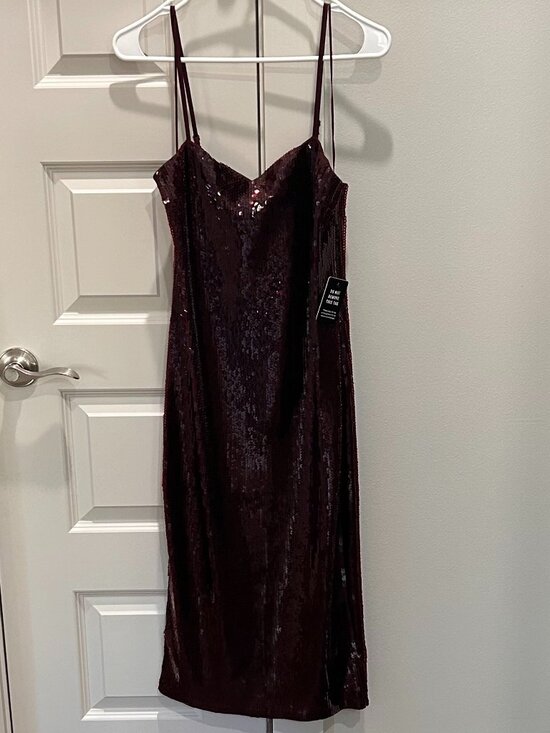 Express Burgundy Sequin Spaghetti Strap Midi Dress - Picture 1 of 11